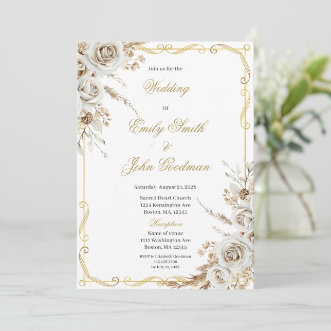 Convites Casamento de flor branca boho elegante (Em pé/Frente)