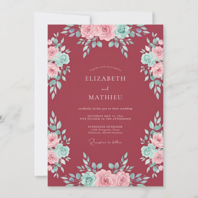 Convites Casamento de Flor Burgundy (Frente)