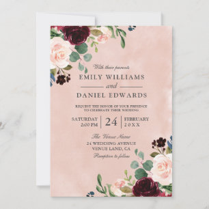 Convites Casamento de Flor Burgundy Burgundy Blush Blush