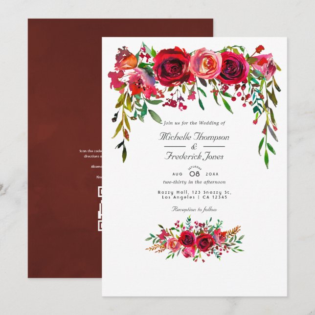 Convites Casamento de Flor Burgundy e Blush com RSVP Código (Frente/Verso)