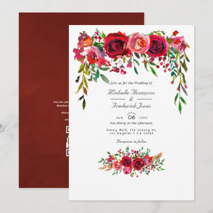 Convites Casamento de Flor Burgundy e Blush com RSVP Código