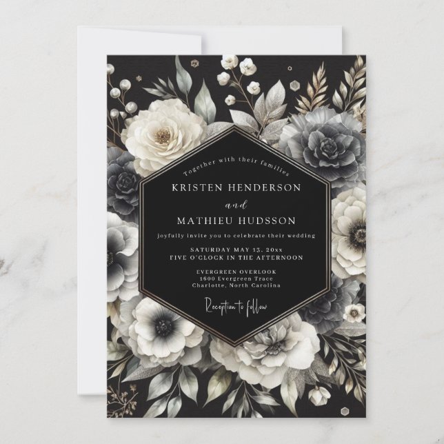 Convites Casamento de Flor Charcoal Opulenta (Frente)
