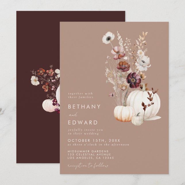 Convites Casamento de Flor de Abóbora Taupe de Outono Rústi (Frente/Verso)