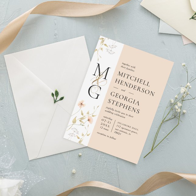 Convites Casamento de Flor de Água Delicada de Pêssego e Do (Criador carregado)