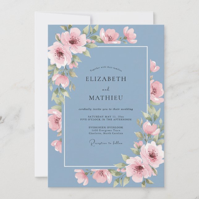 Convites Casamento de Flor de Blossom Pintada em Azul Empoe (Frente)