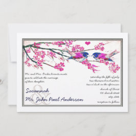 Convites Casamento de Flor de Cereja com Pássaro Rosa e Mar