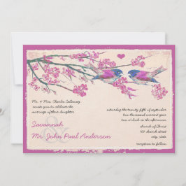 Convites Casamento de Flor de Cereja com Pássaro Rosa e Mar