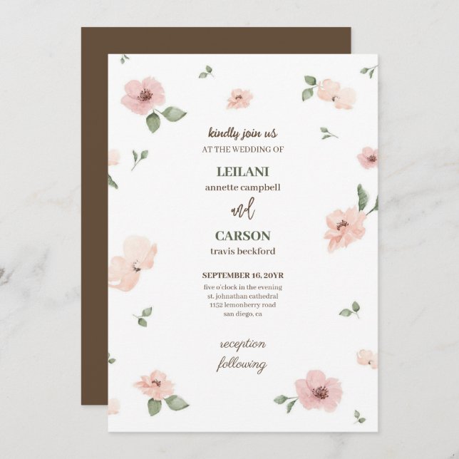 Convites Casamento de Flor de Cereja Marrom-escuro Elegante (Frente/Verso)