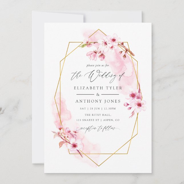 Convites Casamento de Flor de Cerejeira Geométrica Rosa Pri (Frente)