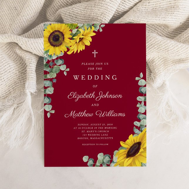 Convites Casamento de Flor de Girassol da Cruz Religiosa (Religious Cross Burgundy Floral Sunflower Wedding Invitation)