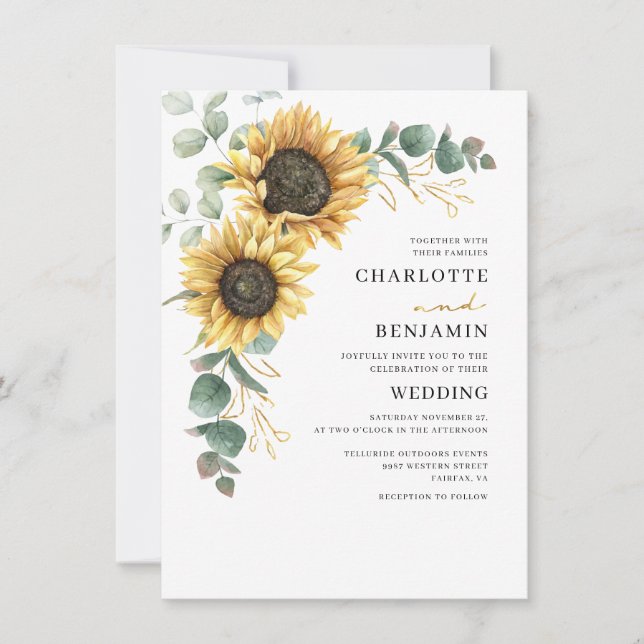 Convites Casamento de Flor de Girassol Eucalipto em Aquarel (Frente)