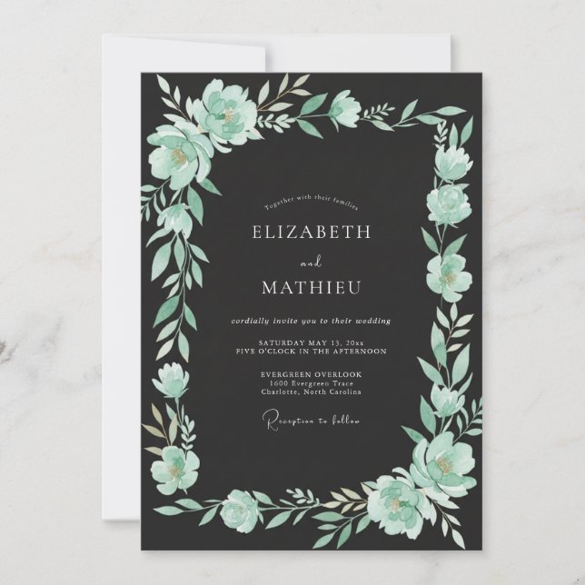 Convites Casamento de Flor de Hortelã e Eucalipto Seafoam (Frente)