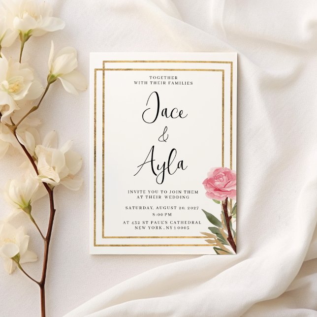 Convites Casamento de flor de menta rosa dourada branca geo (Geometric white gold pink mint flower Wedding )