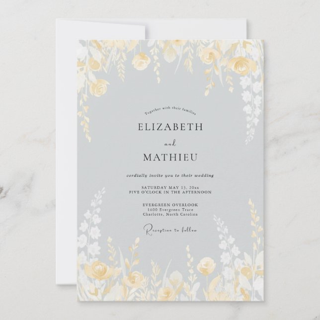 Convites Casamento de Flor de Ouro Pálido Prateado (Frente)