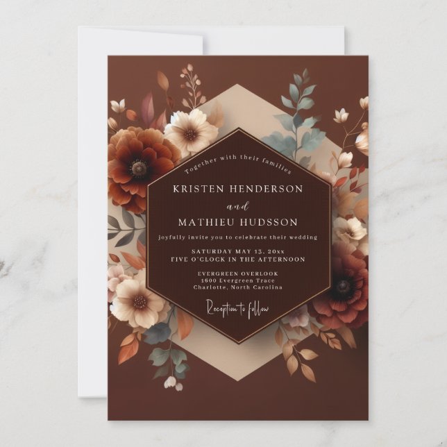 Convites Casamento de Flor de Outono Marrom (Frente)