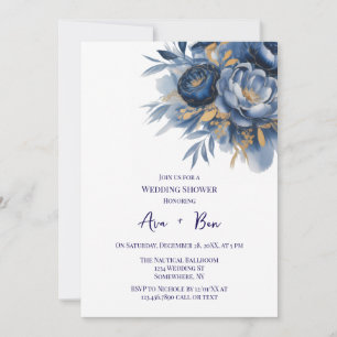 Convites Casamento de Flor de Peônia Azul Marinho e Dourado