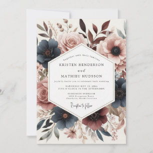 Convites Casamento de Flor de Rosa Empoeirada e Azul Teal P