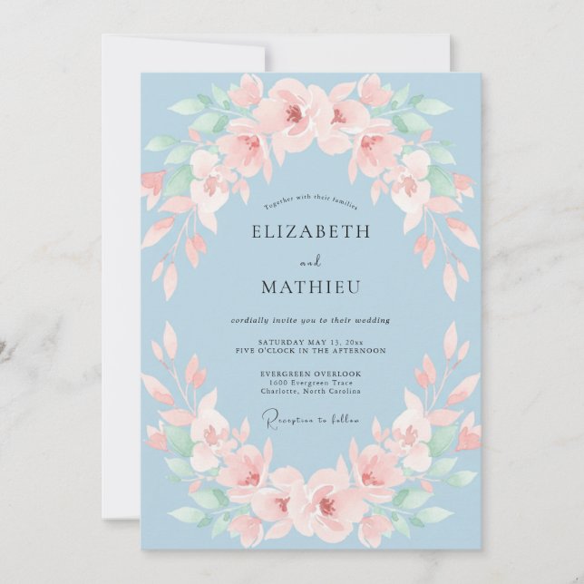 Convites Casamento de Flor de Seda Azul Empoeirada (Frente)