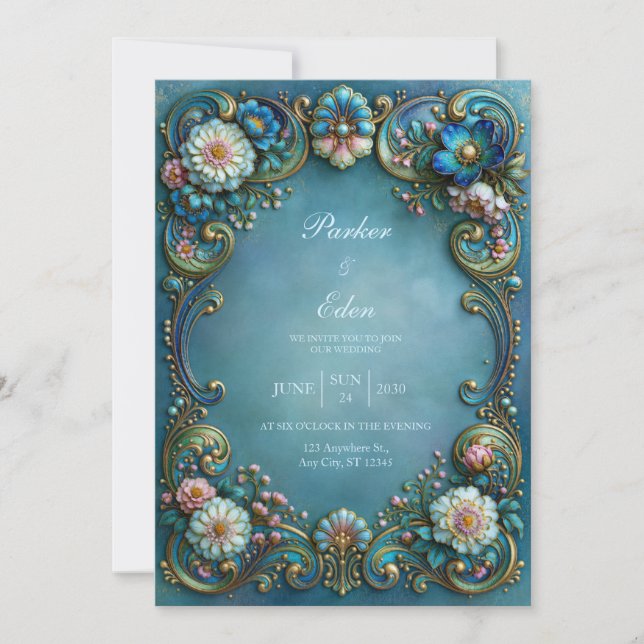Convites Casamento de Flor de Turquesa Filigrana (Frente)