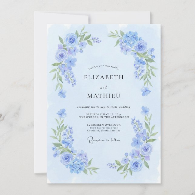Convites Casamento de Flor Desabrochada Azul Pó (Frente)