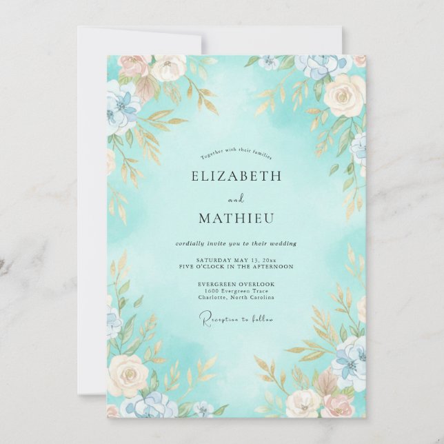 Convites Casamento de Flor Desenhada em Aqua (Frente)