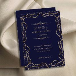 Convites Casamento de Flor Dourada Azul-Marinho Elegante Lu