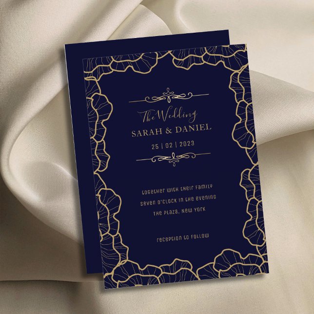 Convites Casamento de Flor Dourada Azul-Marinho Elegante Lu (Luxurious Elegant Navy Blue Gold Flower Wedding Invitation)