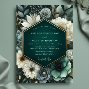 Convites Casamento de Flor Exuberante em Azul Teal Profundo