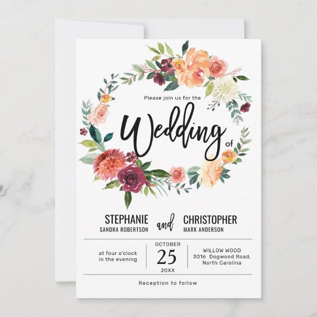 Convites Casamento de Flor Floral com Blush de outono (Frente)