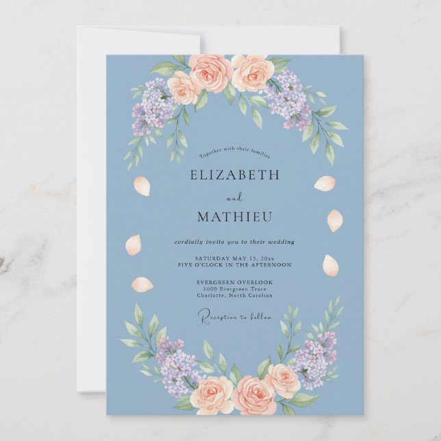 Convites Casamento de Flor Gentil Azul Empoeirado (Frente)