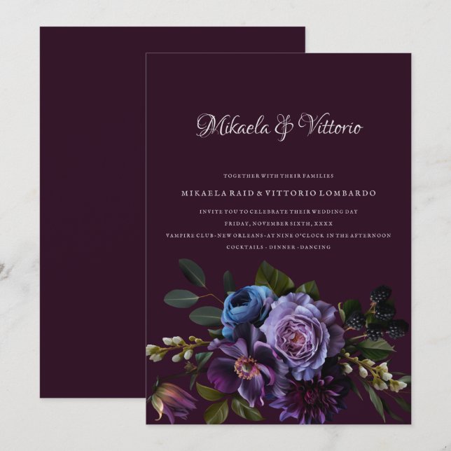 Convites Casamento de Flor Gótica Escura Elegante (Frente/Verso)