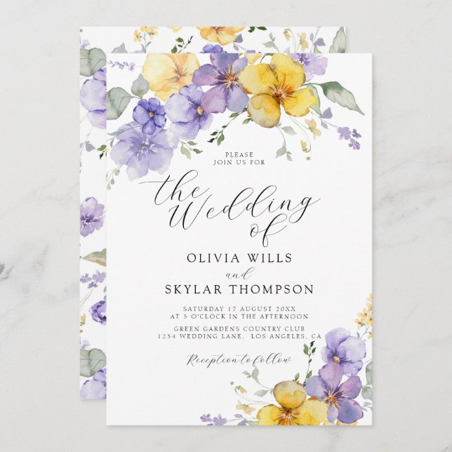 Convites Casamento de Flor Lavanda Amarela Roxa (Frente/Verso)