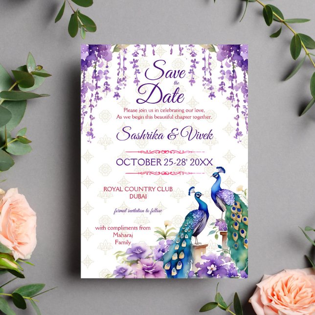 Convites Casamento de flor púrpura da Índia, salvar a data (Purple peacock Indian wedding save the date card editable template digital download lilac jasmine)