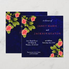 Convites Casamento de Flor Rosa de Azul Escuro e Coral