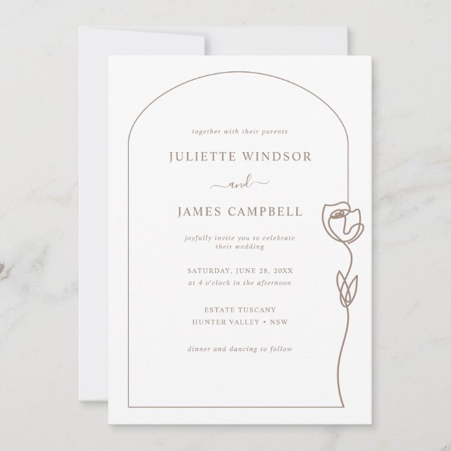 Convites Casamento de Flor Rosa de Desenho de Linha (Frente)