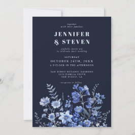 Convites Casamento de flor selvagem azul-Marinho monocromát