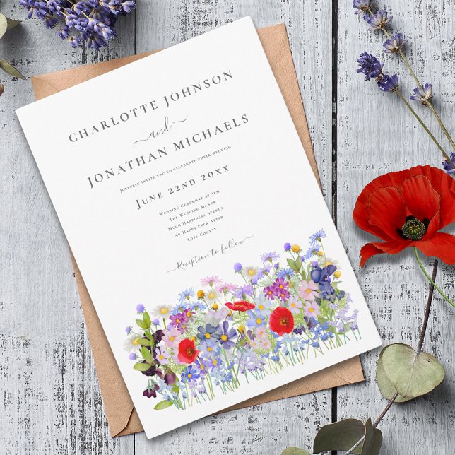 Convites Casamento de Flor Selvagem Colorida Moderna (Modern colorful wildflower meadow wedding invitation with boho chic red poppy blue cornflower)