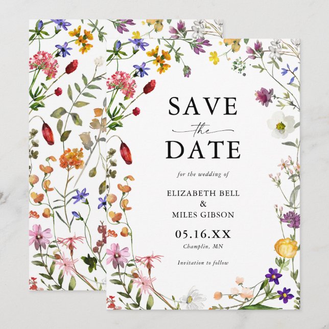 Convites Casamento de flor selvagem com aquarela Salvar a D (Frente/Verso)
