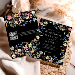 Convites Casamento de Flor Selvagem com Código QR Moderno N