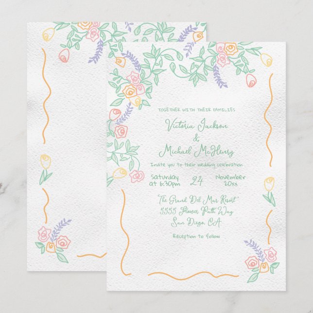Convites Casamento de Flor Selvagem Doce desenhado à mão (Frente/Verso)
