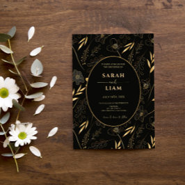 Convites Casamento de Flor Selvagem Dourada e Preto de Luxo