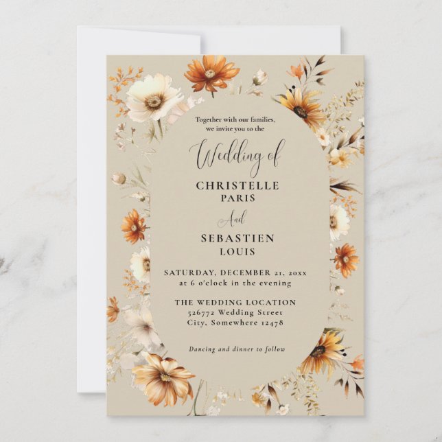 Convites Casamento de Flor Selvagem Elegante e Chic Boho Fa (Frente)