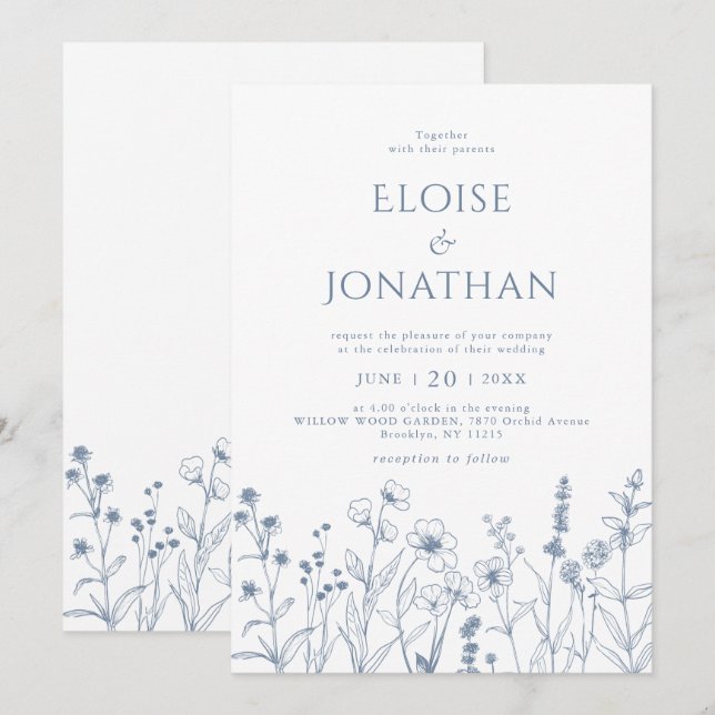 Convites Casamento de Flor Selvagem Minimalista Simples (Frente/Verso)