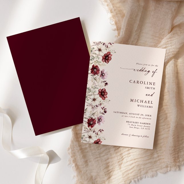 Convites Casamento de Flor Selvagem Moderna Burgundy (Criador carregado)