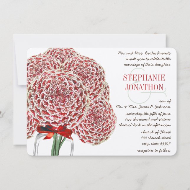Convites Casamento de Flor Selvagem Rústica Zinnia Red Maso (Frente)
