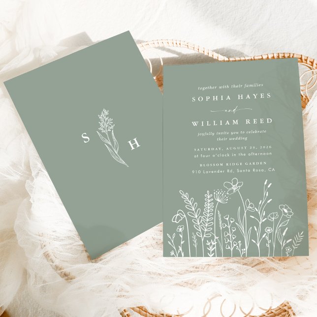 Convites Casamento de Flor Selvagem Verde de Modern Boho Sa (Criador carregado)