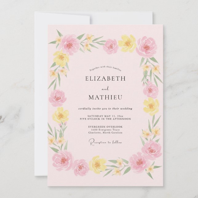 Convites Casamento de Flor Silvestre Amarela com Rosa Suave (Frente)