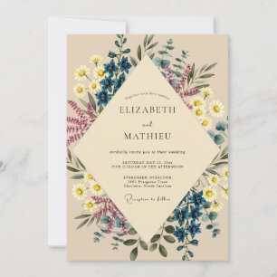 Convites Casamento de Flor Silvestre Amarela e Azul Marinho