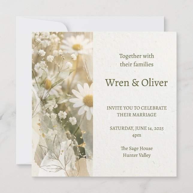 Convites Casamento de Flor Silvestre Boho Daisy Gypsophila (Frente)