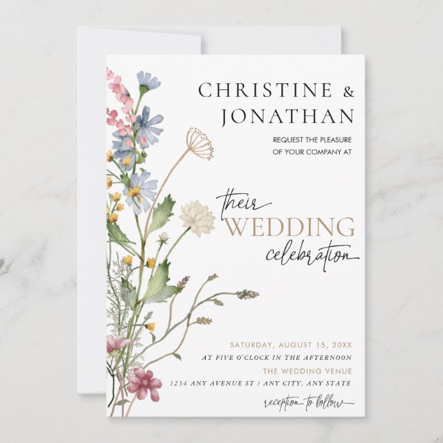 Convites Casamento de Flor Silvestre Boho Floral Moderno  (Frente)